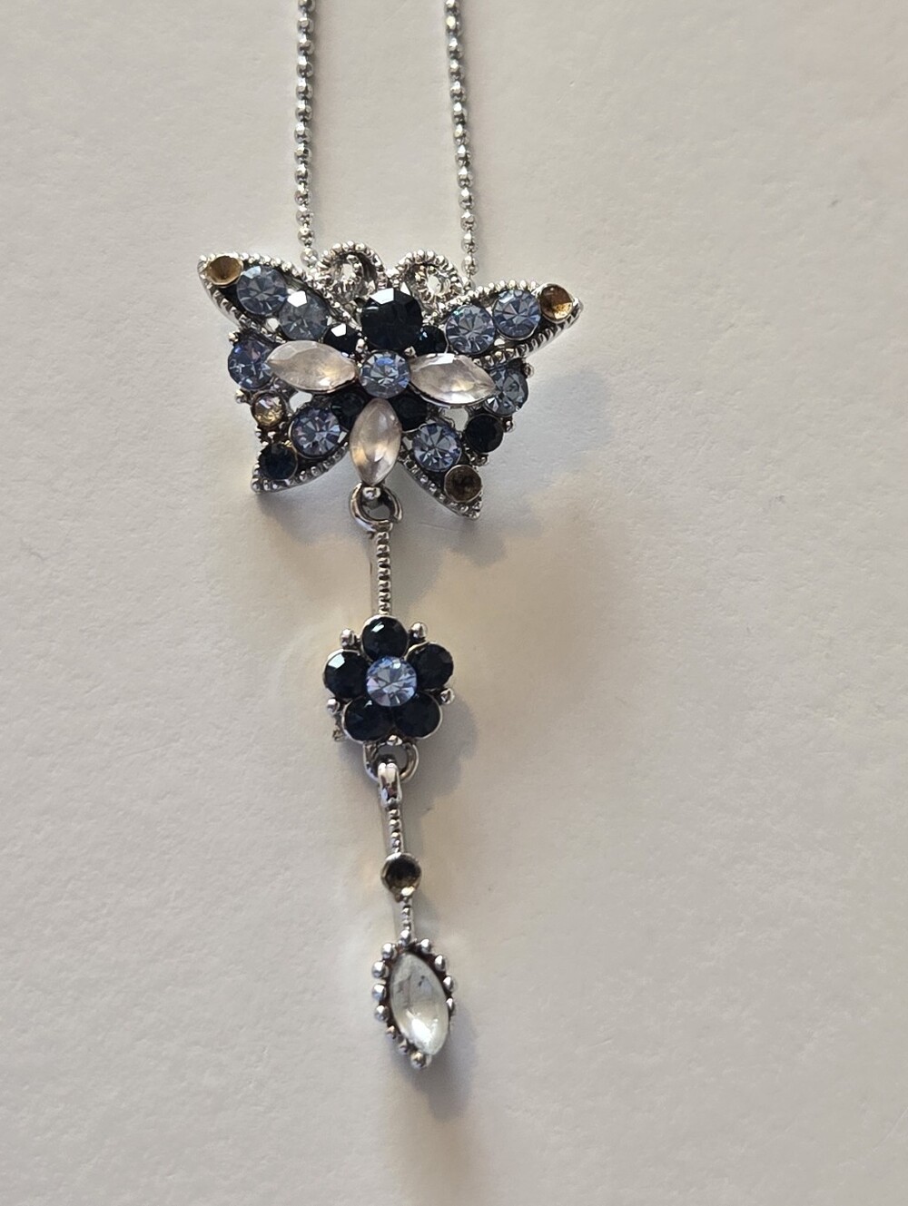 16" Silver Tone Blue Crystal Butterfly Drop Pendant Necklace